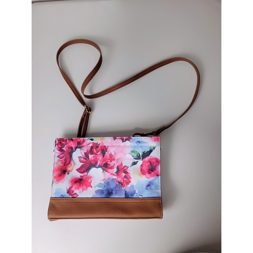 Bueno Floral Crossbody Bag Pink Blue Watercolor Flower Print Tan Faux Leather